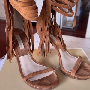 Michael Kors Brown Suede Fringe Ankle-Tie Heels